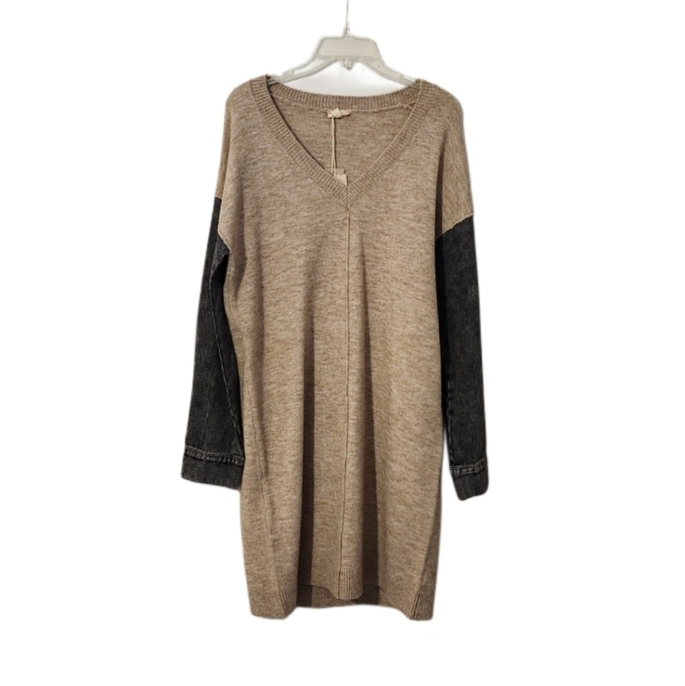 NWT  Hem & Thread  Denim Sleeve  Sweater Dress  Women's M Beige w/Charcoal - Picture 7 of 10